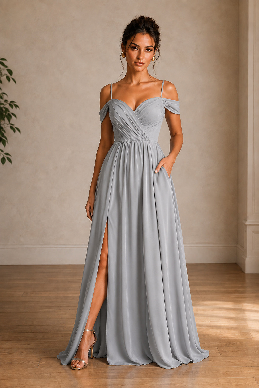 Off-Shoulder Ruched A-Line Evening Gown with Slit