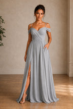 Off-Shoulder Ruched A-Line Evening Gown with Slit