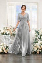 V-Neck Flutter Sleeve Ruched High-Slit Evening Gown
