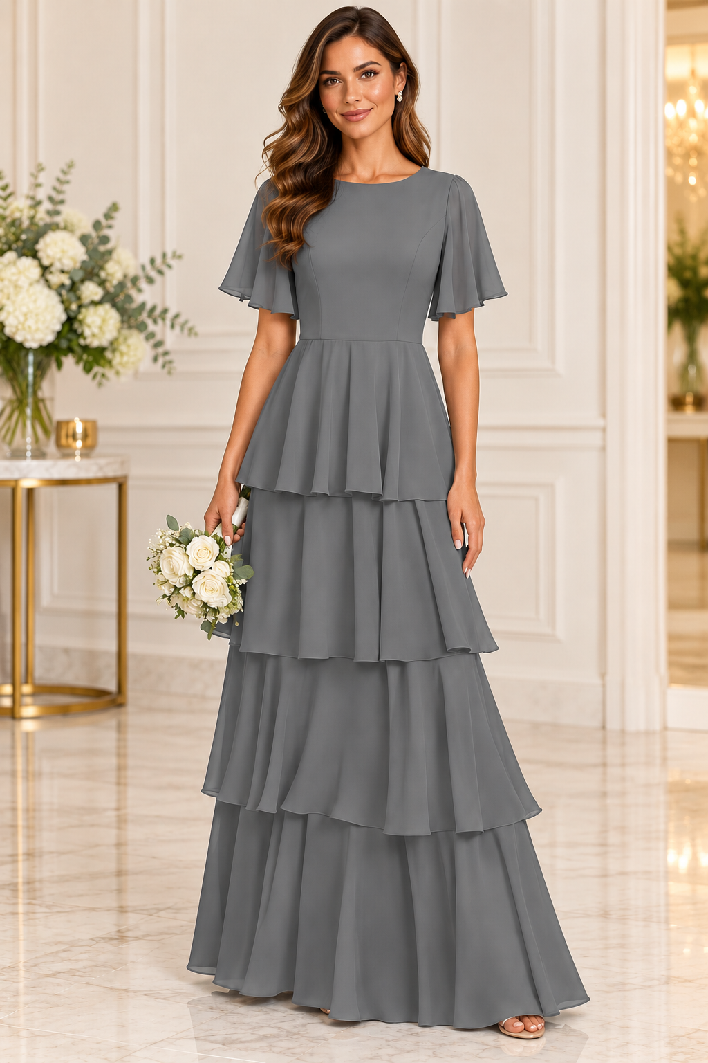Flutter Sleeve Tiered Chiffon Formal Dress