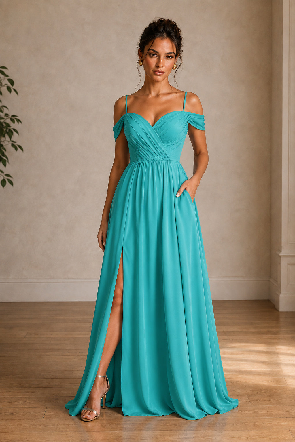 Off-Shoulder Ruched A-Line Evening Gown with Slit