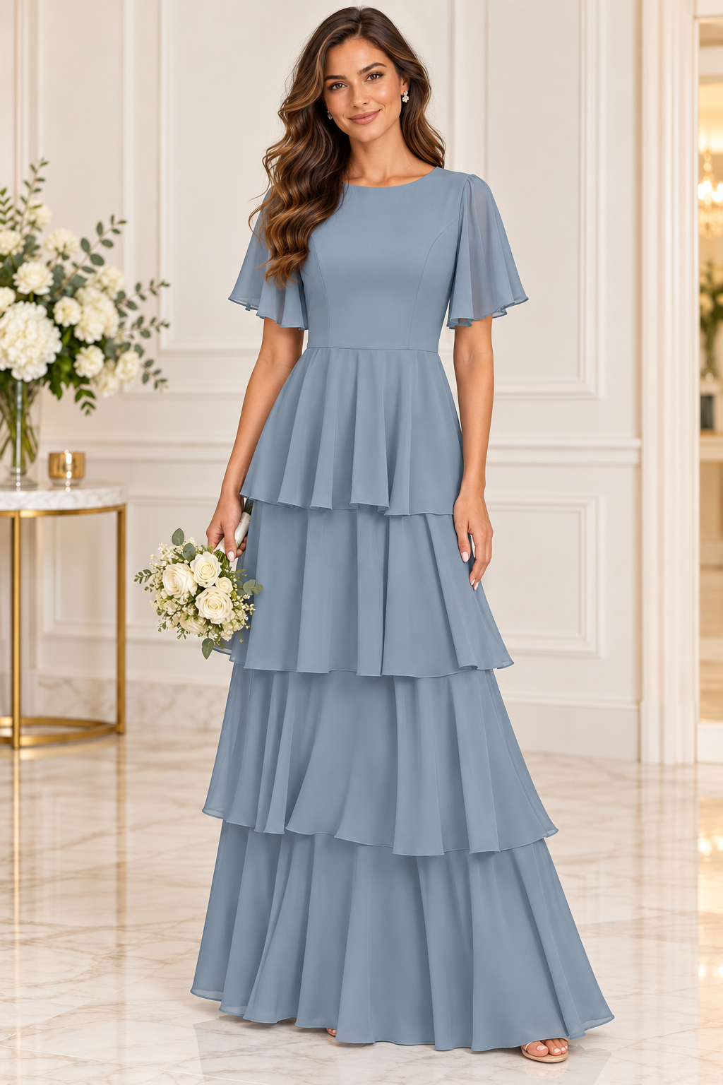 Flutter Sleeve Tiered Chiffon Formal Dress