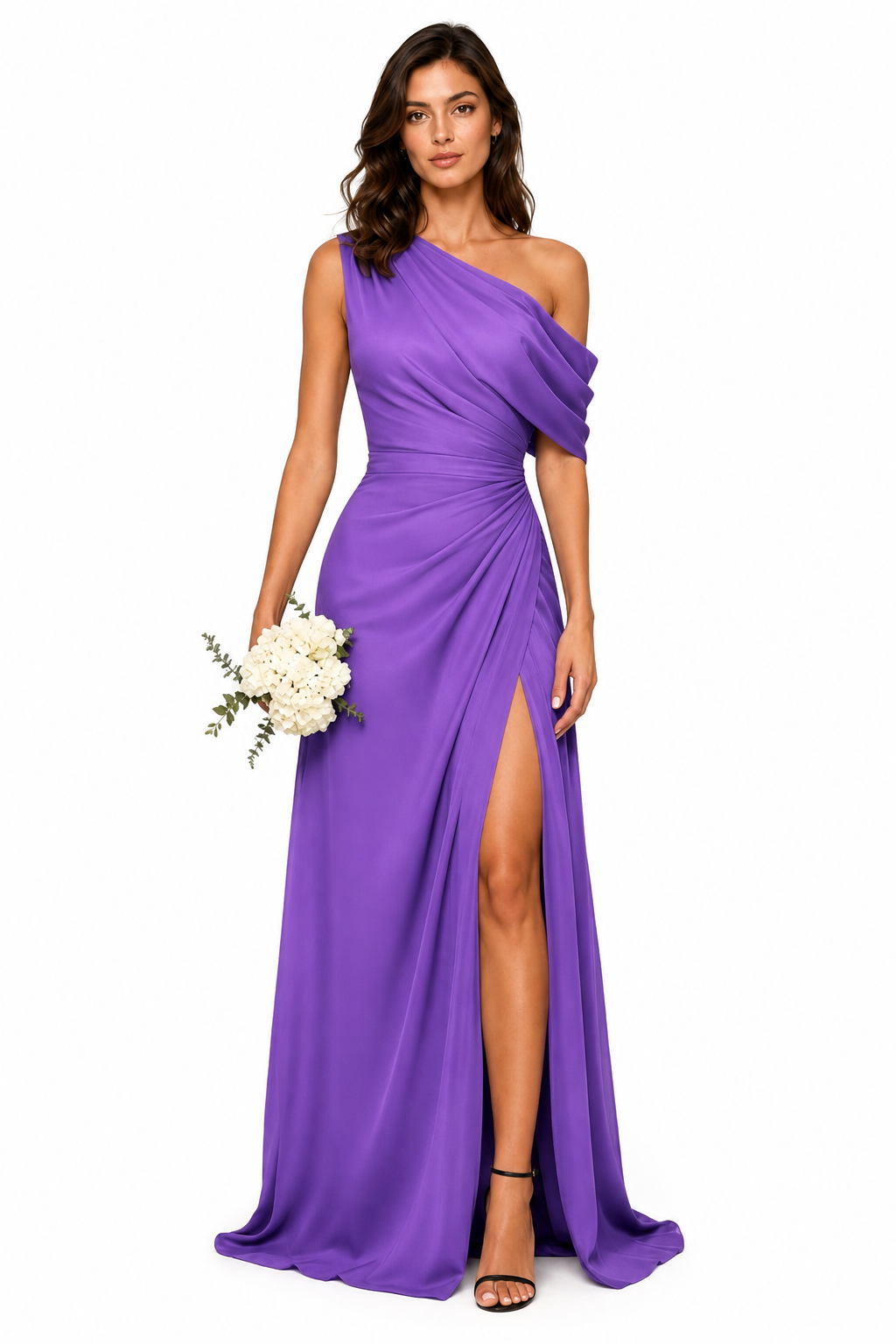 One-Shoulder Draped Ruched High-Slit Evening Gown