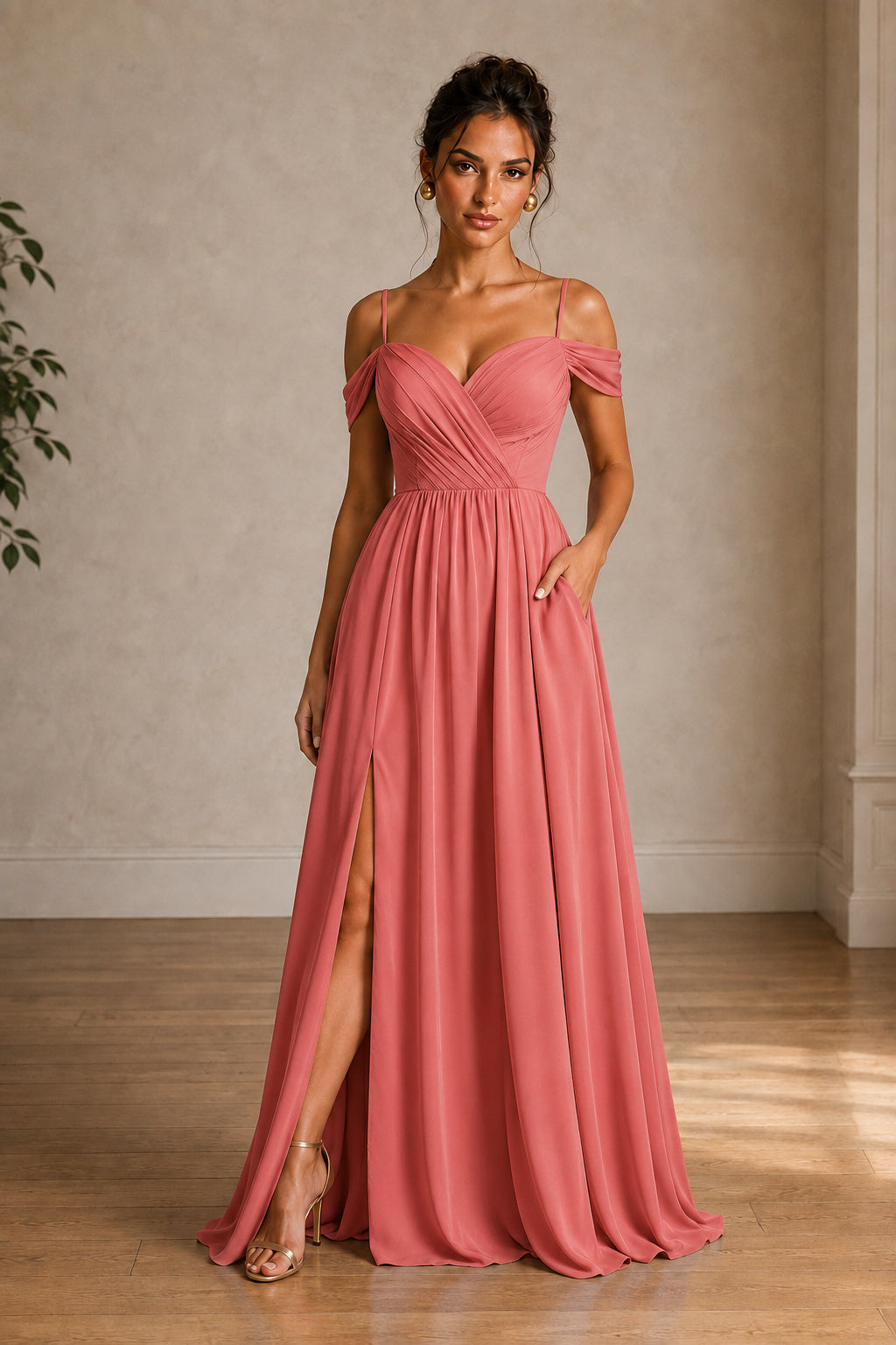 Off-Shoulder Ruched A-Line Evening Gown with Slit