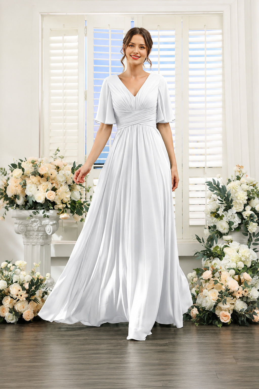 V-Neck Flutter Sleeve Ruched High-Slit Evening Gown