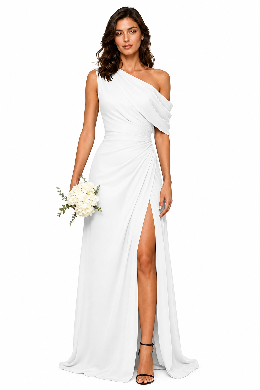 One-Shoulder Draped Ruched High-Slit Evening Gown