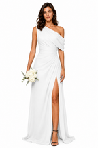One-Shoulder Draped Ruched High-Slit Evening Gown