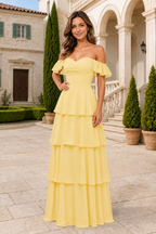Ruffle-Sleeve Tiered Floor-Length Formal Gown