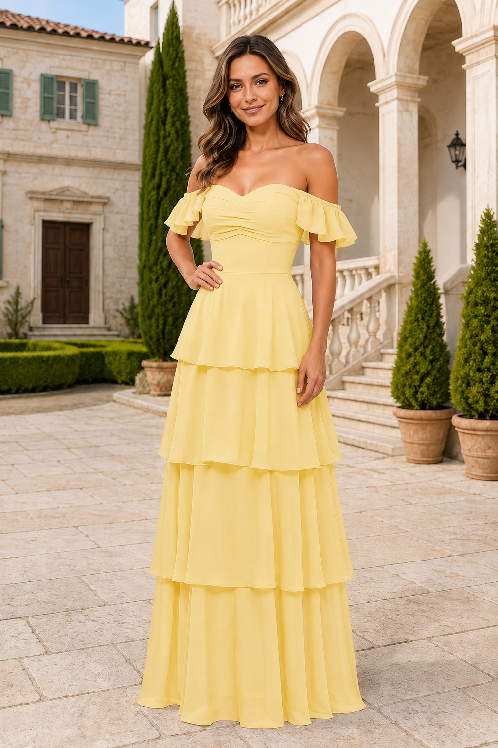 Ruffle-Sleeve Tiered Floor-Length Formal Gown