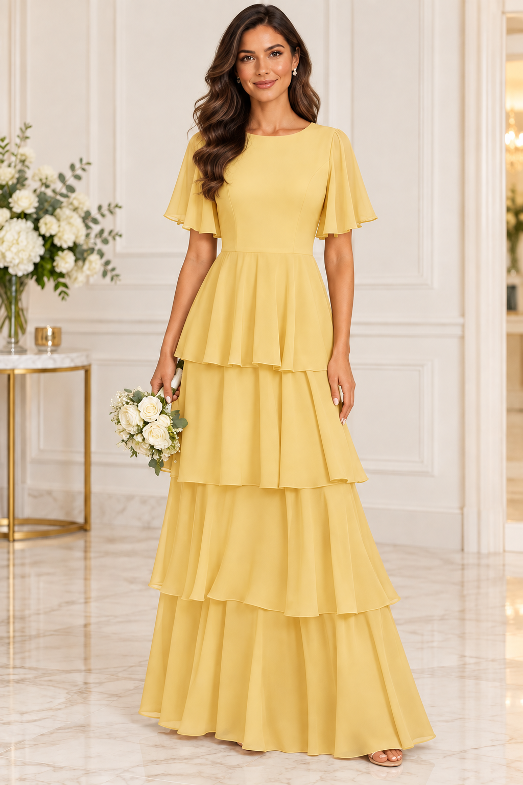 Flutter Sleeve Tiered Chiffon Formal Dress