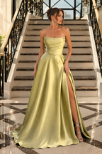 Strapless Ruched High-Slit A-Line Evening Gown
