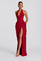 Deep V Halter Ruched High-Slit Evening Gown