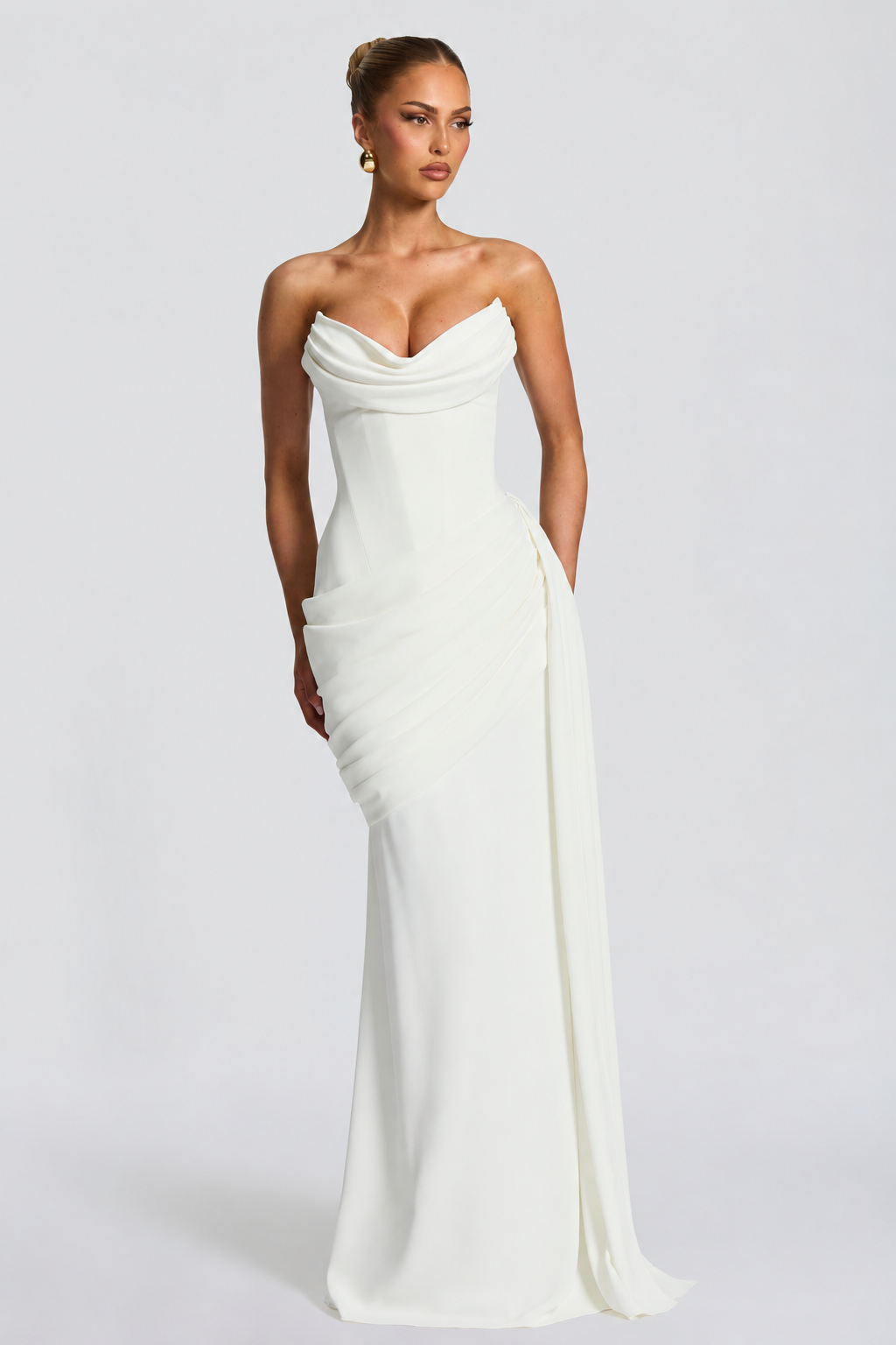 Strapless Draped Mermaid Evening Gown with Neck Scarf