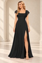Black square-neck flutter-sleeve A-line evening gown with a high slit, front view