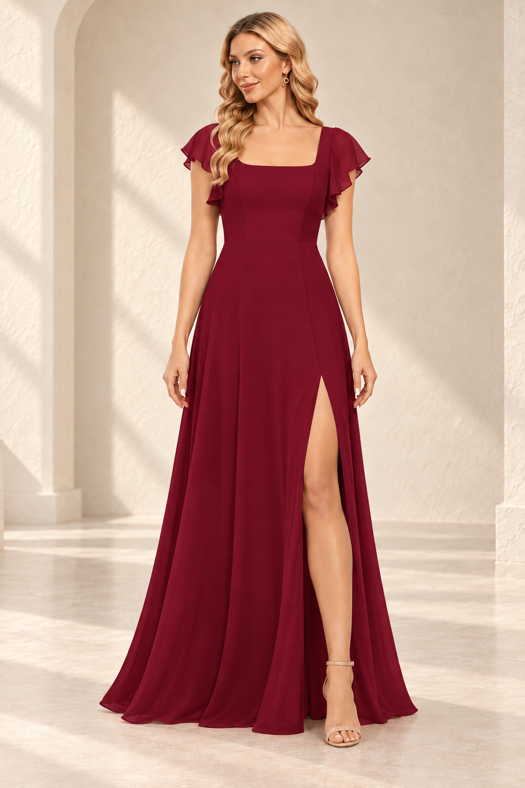 Burgundy square-neck flutter-sleeve A-line evening gown with a high slit, front view