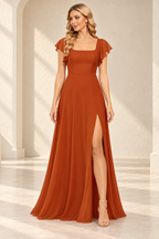 Burnt caramel square-neck flutter-sleeve A-line evening gown with a high slit, front view