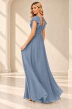 Back view of the slate gray MX310 A-line evening gown with flutter sleeves and an open tie back