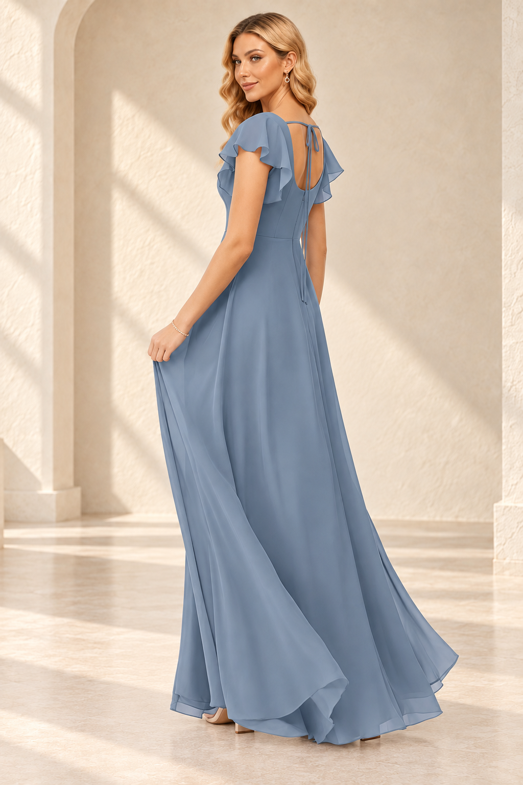 Back view of the slate gray MX310 A-line evening gown with flutter sleeves and an open tie back