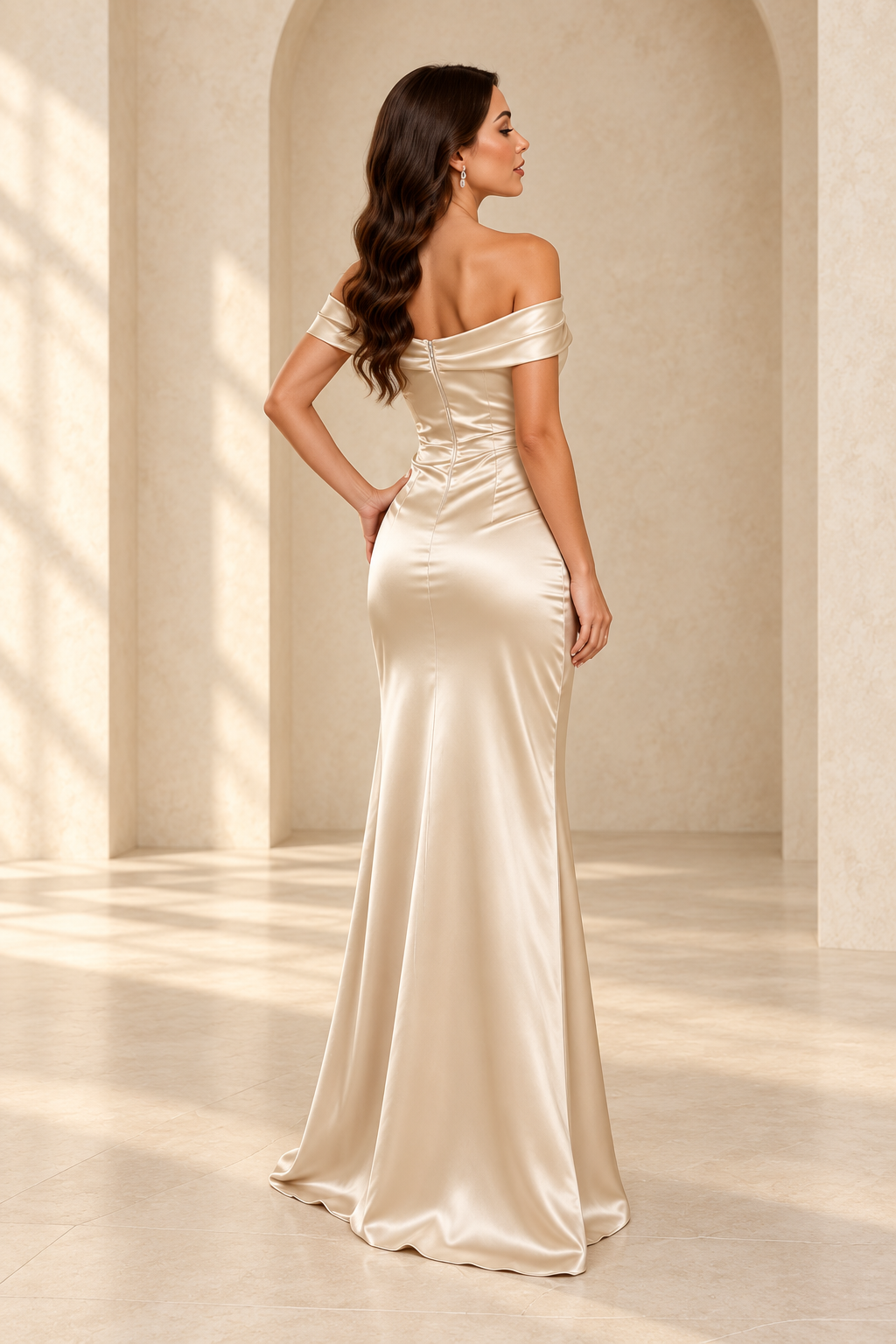 Back view of a champagne off-shoulder satin gown showing the center-back zipper and fitted waist