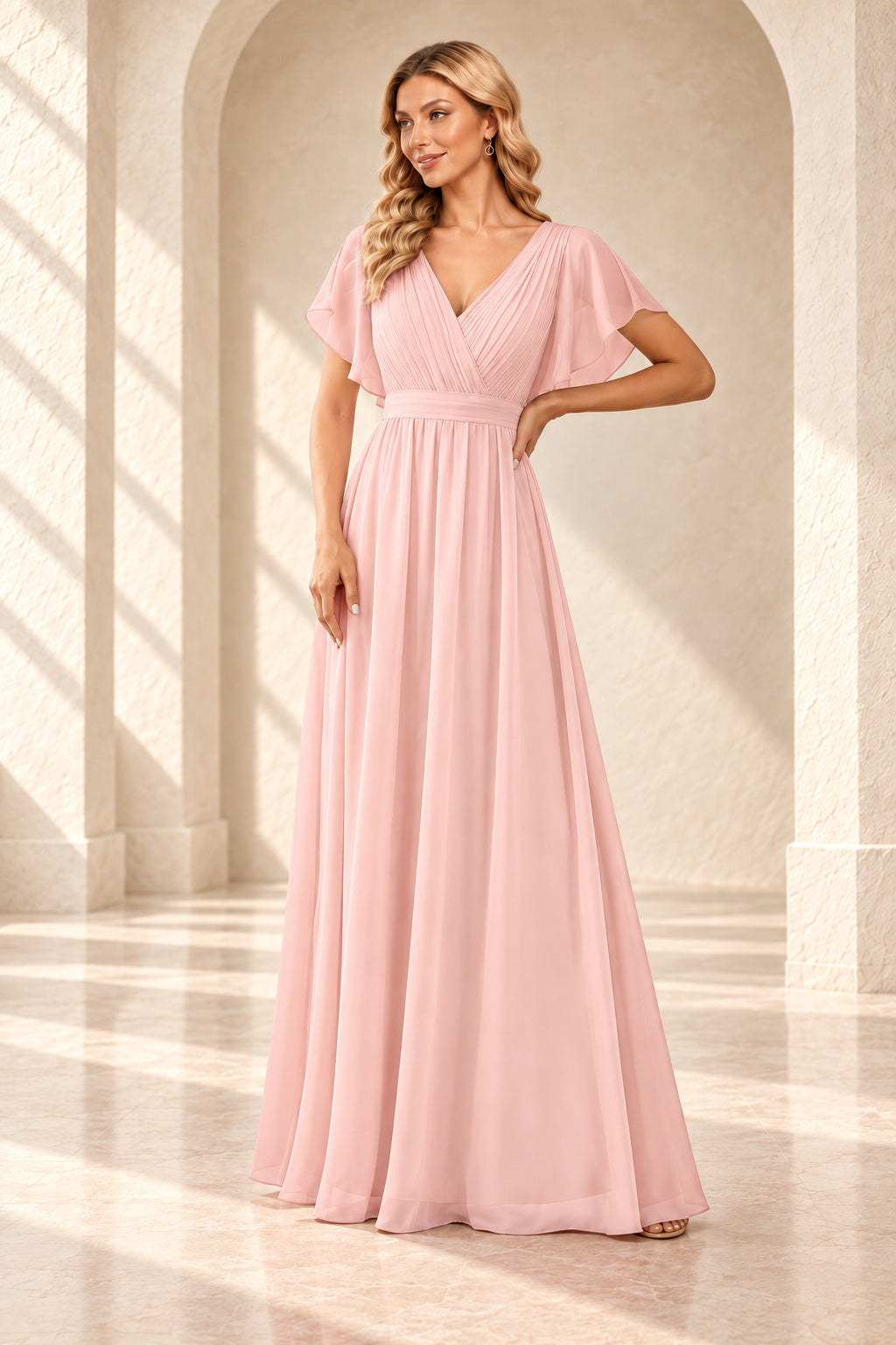 Blush pink A-line evening gown with a pleated crossover V-neck, flutter sleeves and a floor-length skirt.