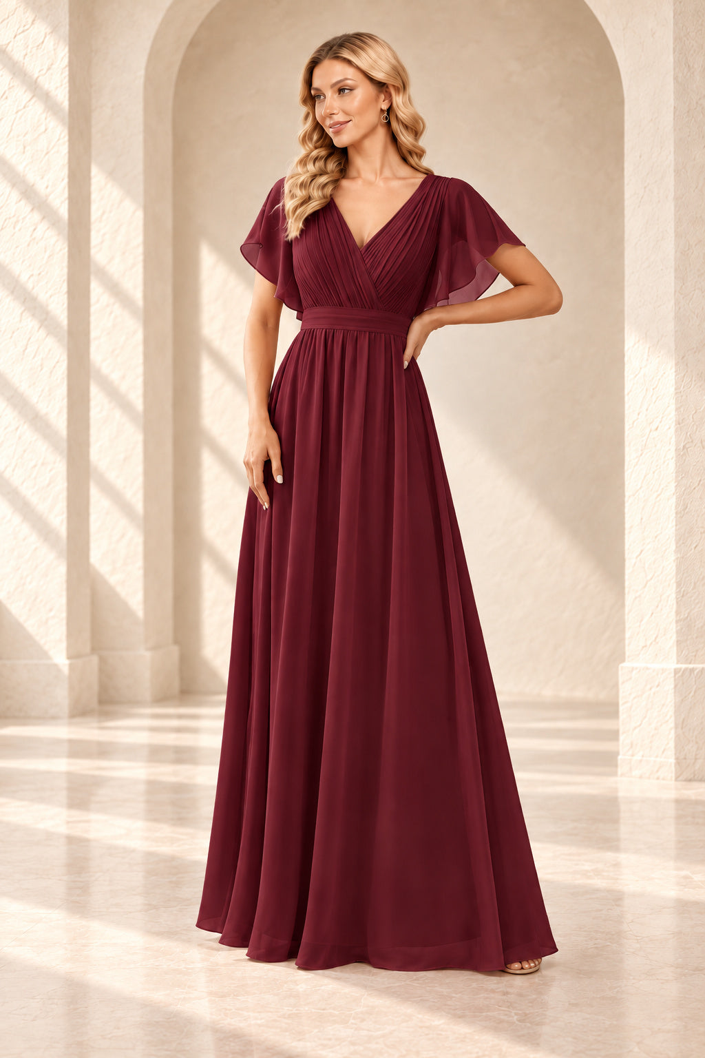 Burgundy A-line evening gown with a pleated crossover V-neck, flutter sleeves and a floor-length skirt.