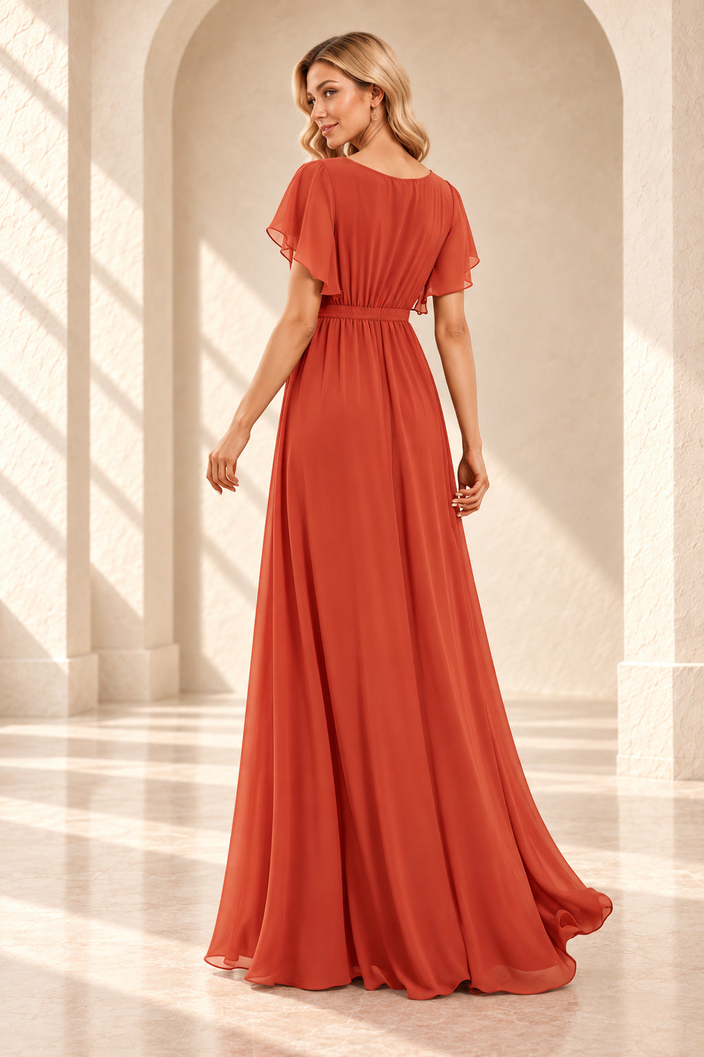 Back view of a burnt orange floor-length gown with a rounded back neckline, flutter sleeves and a gathered waist.