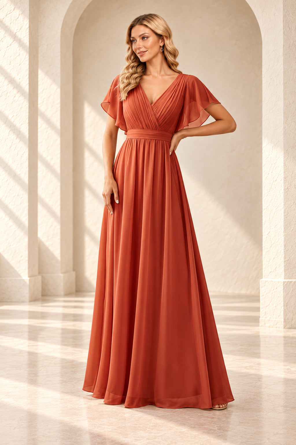 Burnt orange A-line evening gown with a pleated crossover V-neck, flutter sleeves and a floor-length skirt.