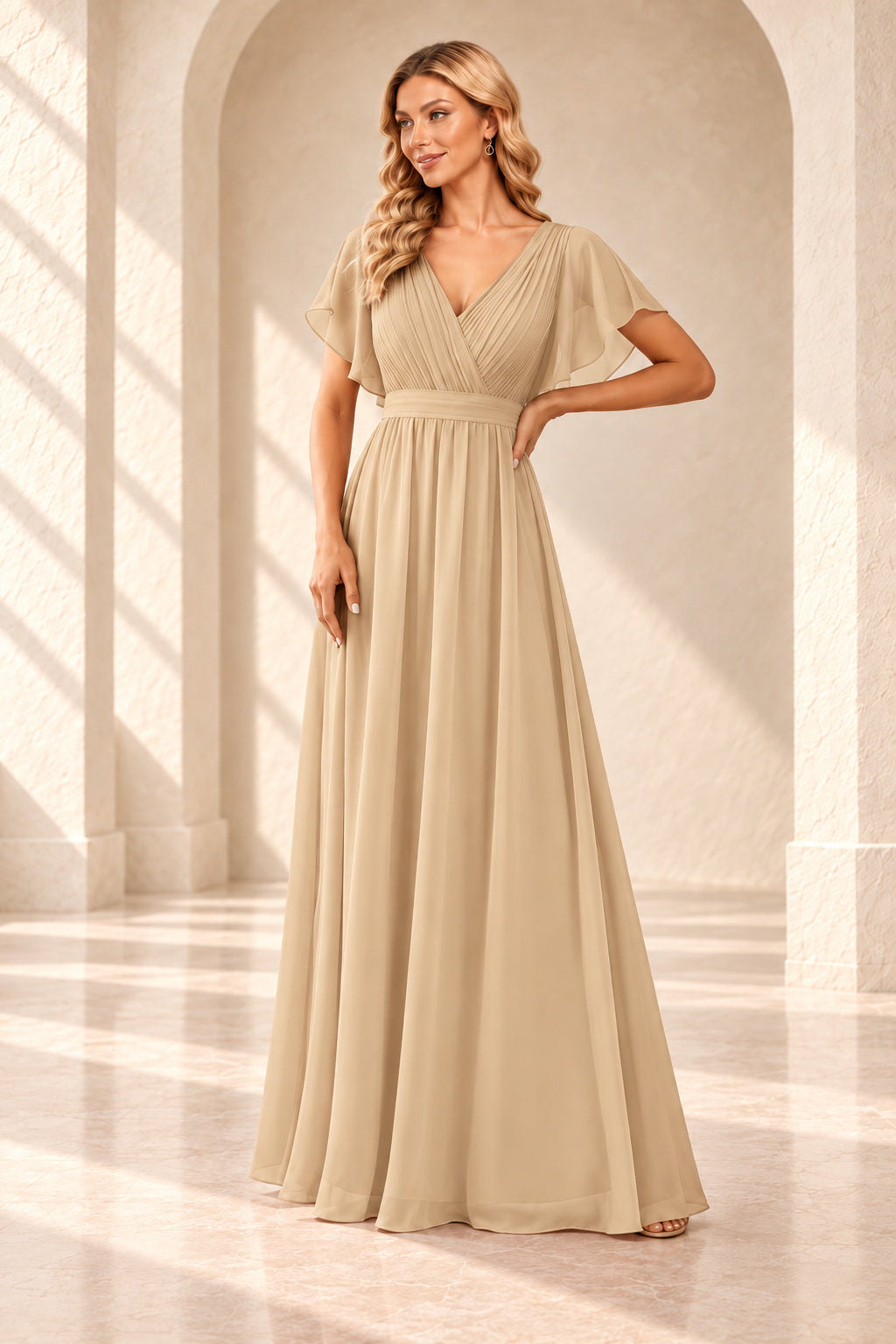 Champagne A-line evening gown with a pleated crossover V-neck, flutter sleeves and a floor-length skirt.