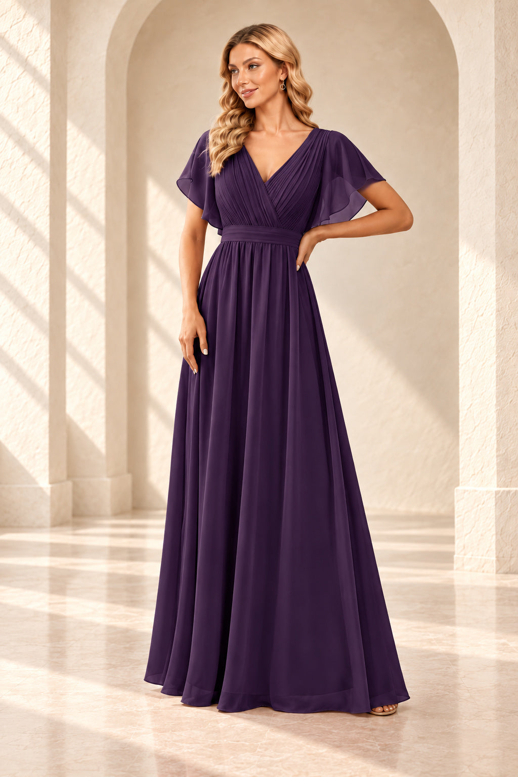 Deep purple A-line evening gown with a pleated crossover V-neck, flutter sleeves and a floor-length skirt.