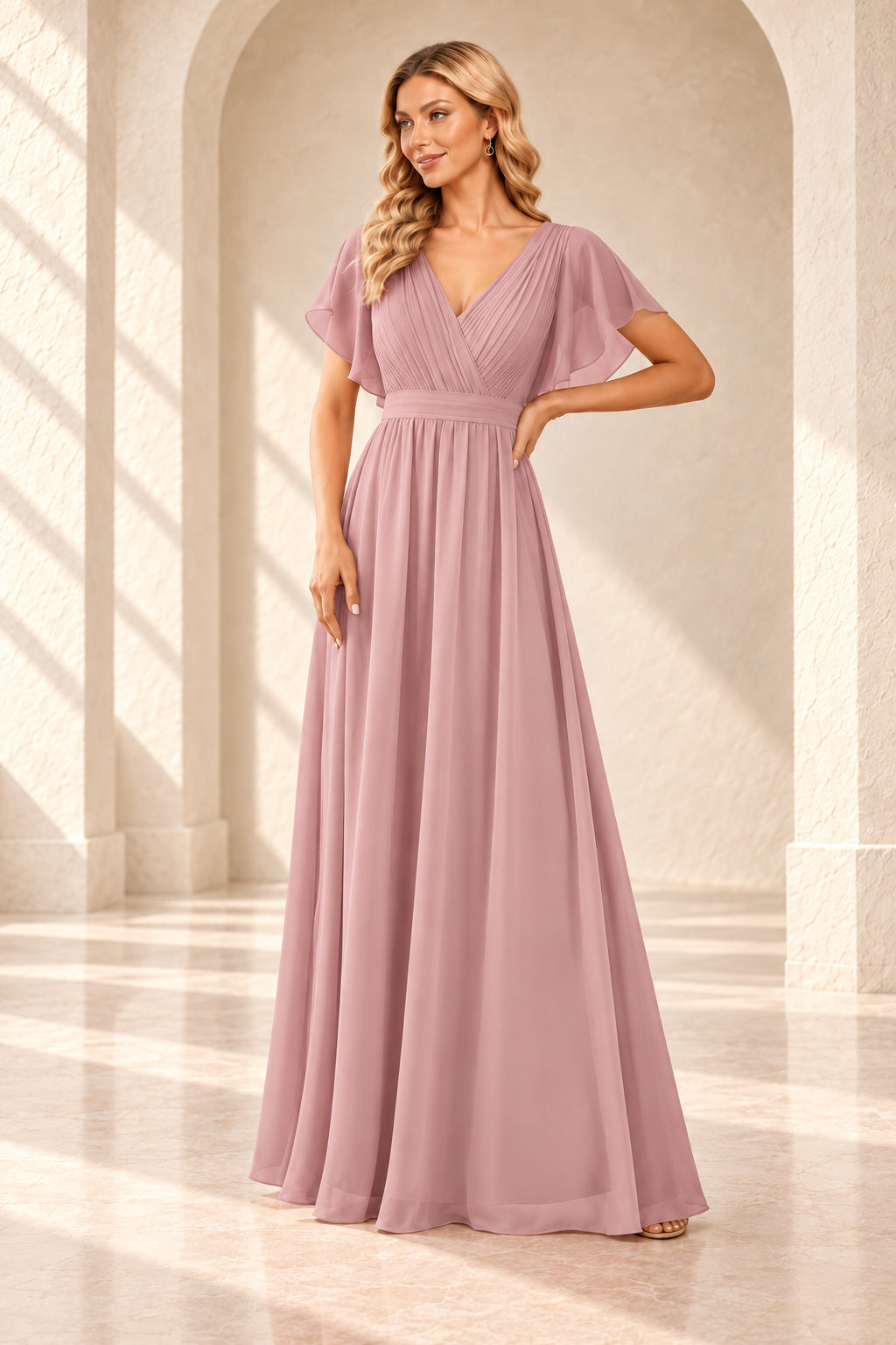 Dusty pink A-line evening gown with a pleated crossover V-neck, flutter sleeves and a floor-length skirt.