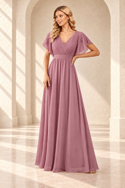 Dusty rose A-line evening gown with a pleated crossover V-neck, flutter sleeves and a floor-length skirt.