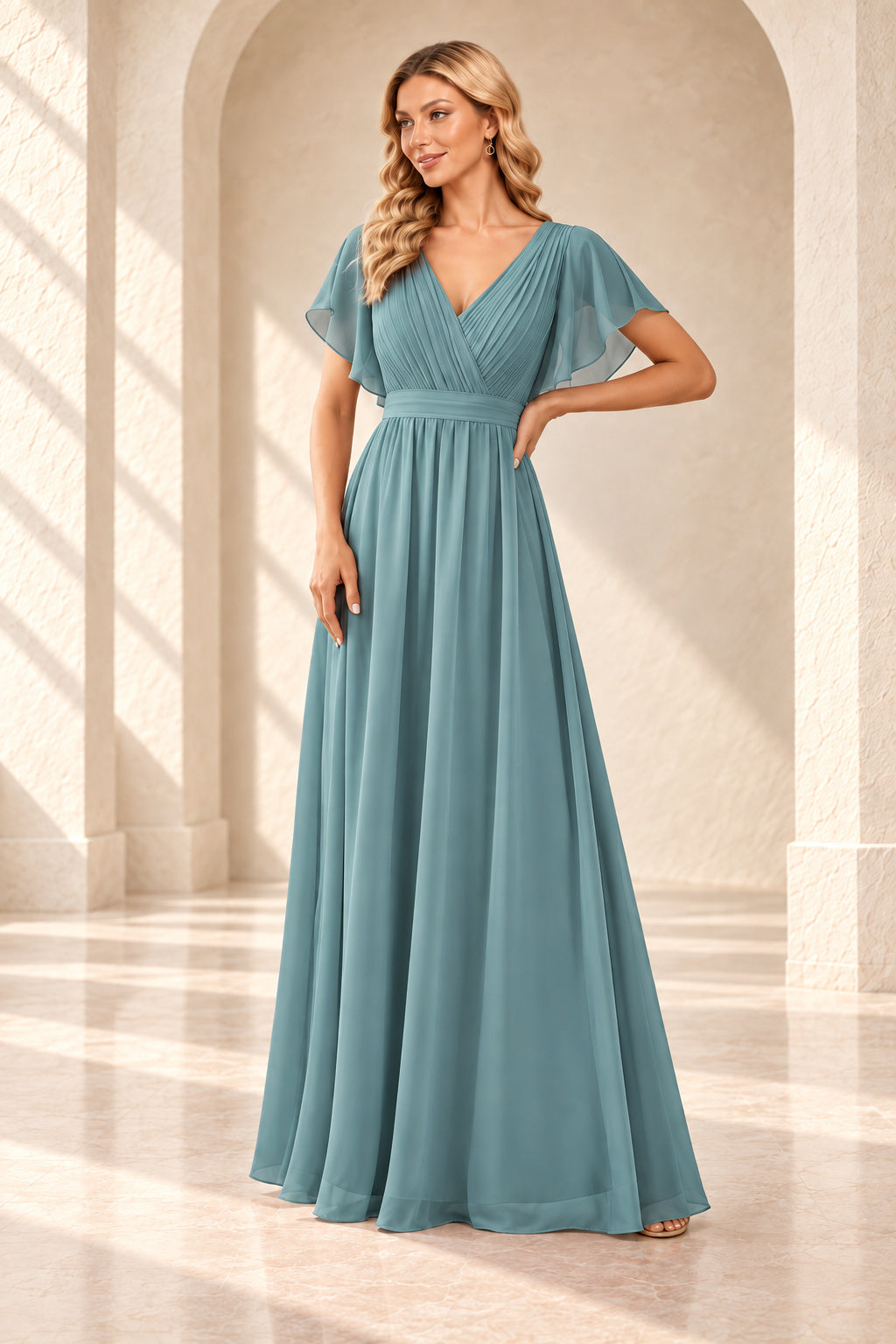 Dusty teal A-line evening gown with a pleated crossover V-neck, flutter sleeves and a floor-length skirt.