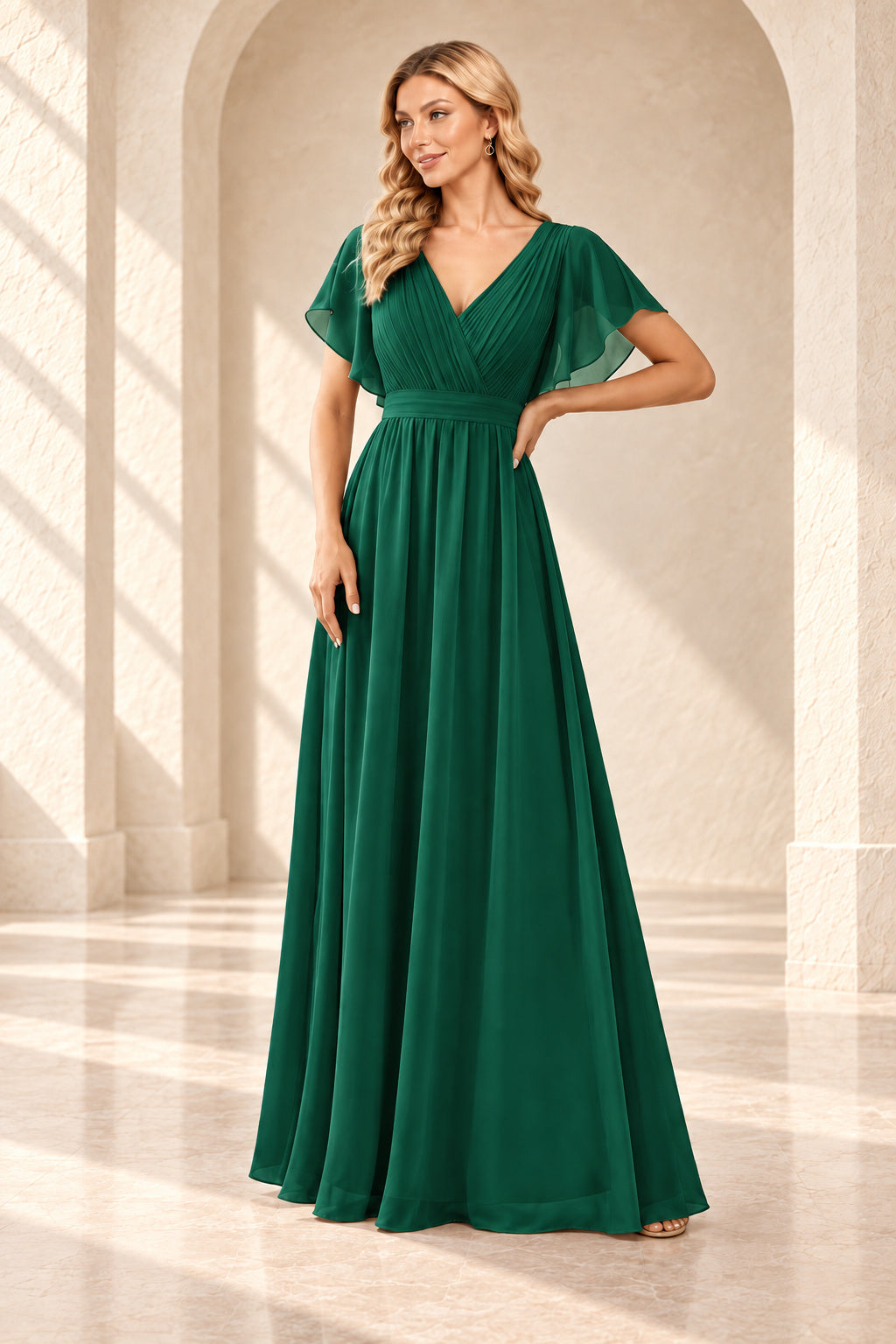 Emerald green A-line evening gown with a pleated crossover V-neck, flutter sleeves and a floor-length skirt.