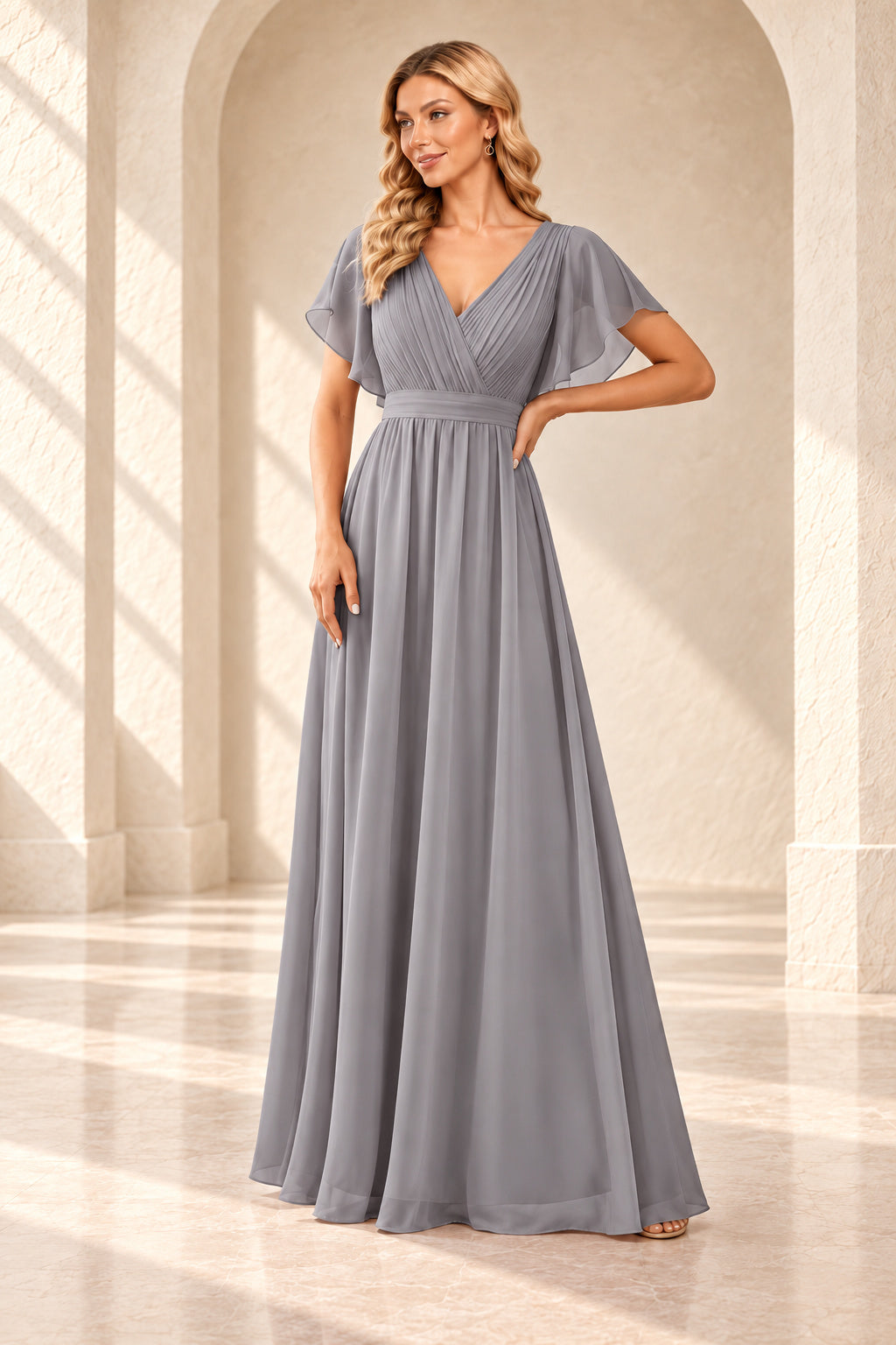 Gray A-line evening gown with a pleated crossover V-neck, flutter sleeves and a floor-length skirt.