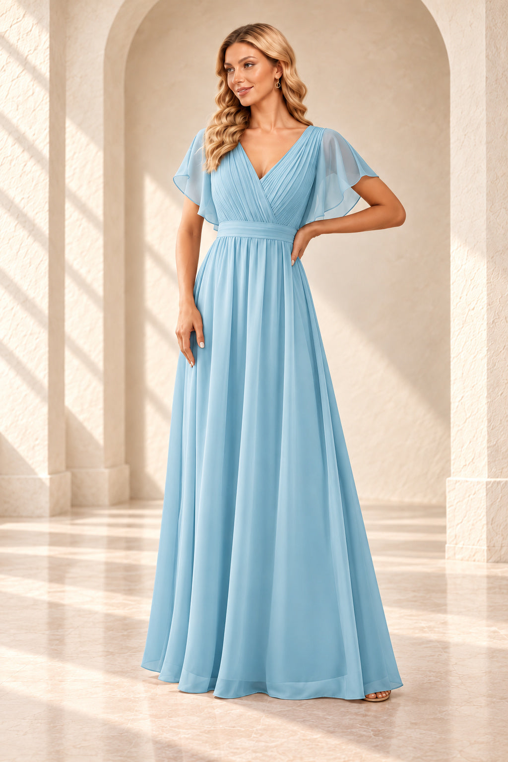 Light blue A-line evening gown with a pleated crossover V-neck, flutter sleeves and a floor-length skirt.