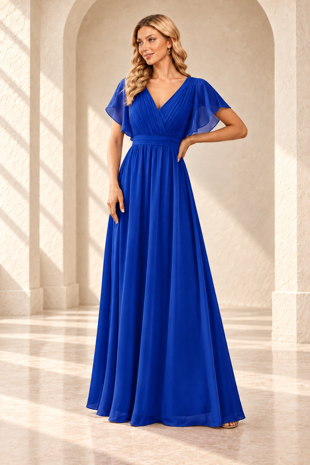 Royal blue A-line evening gown with a pleated crossover V-neck, flutter sleeves and a floor-length skirt.