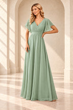 Sage green A-line evening gown with a pleated crossover V-neck, flutter sleeves and a floor-length skirt.