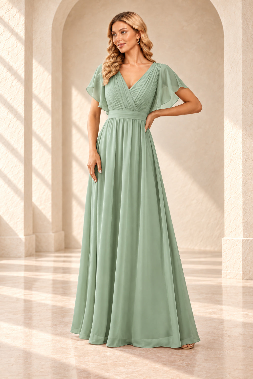 Sage green A-line evening gown with a pleated crossover V-neck, flutter sleeves and a floor-length skirt.
