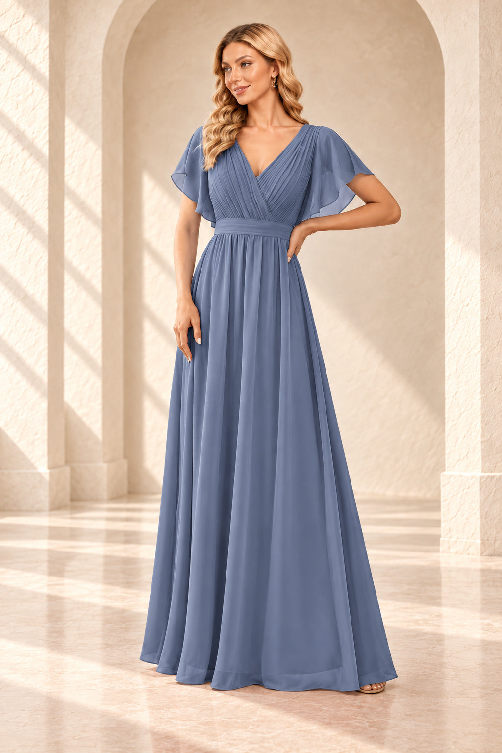 Slate blue A-line evening gown with a pleated crossover V-neck, flutter sleeves and a floor-length skirt.
