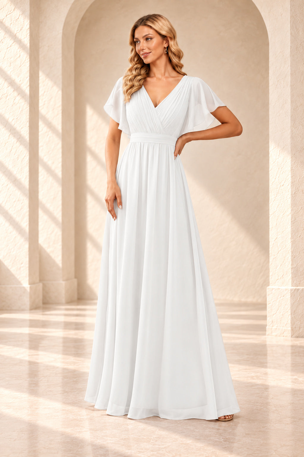 White A-line evening gown with a pleated crossover V-neck, flutter sleeves and a floor-length skirt.