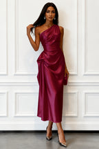 One-Shoulder Draped Midi Evening Dress