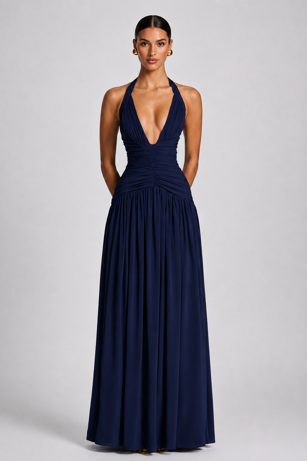 Deep-V Halter High-Slit A-Line Evening Gown