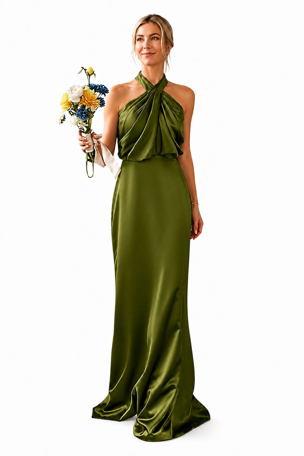 Asymmetric Draped Halter A-Line Evening Gown