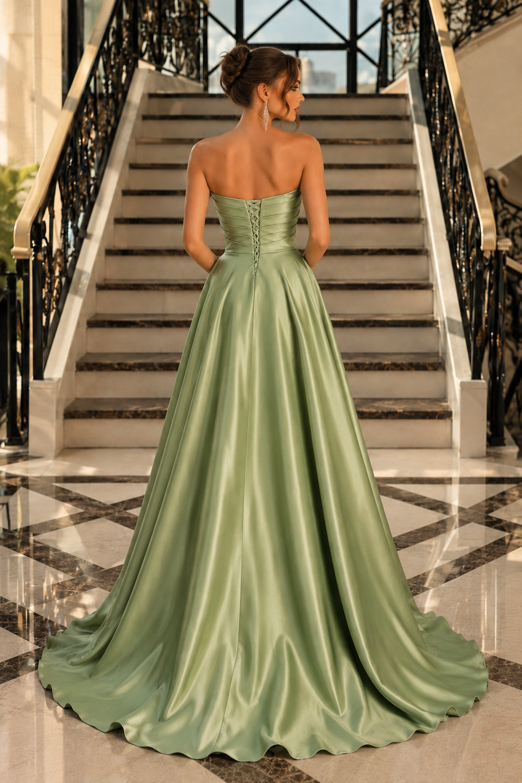 Strapless Ruched High-Slit A-Line Evening Gown