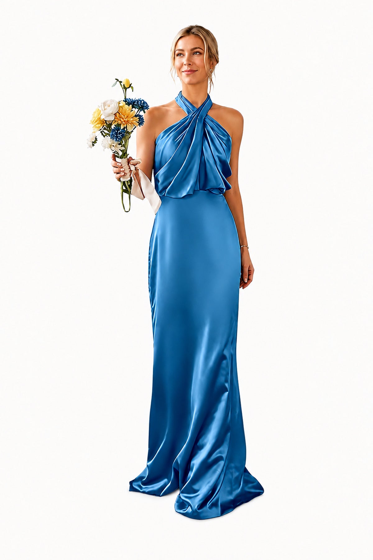 Asymmetric Draped Halter A-Line Evening Gown