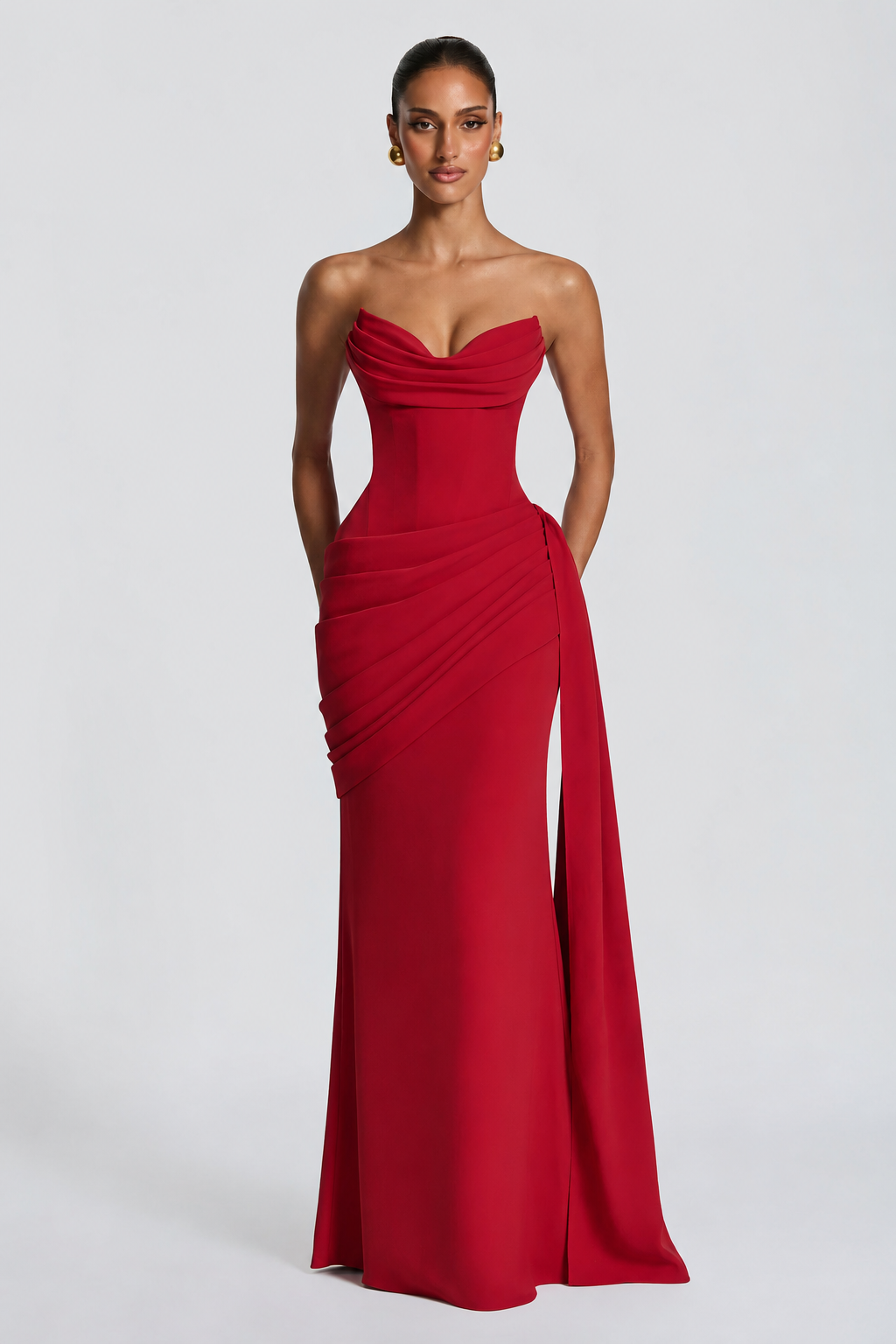 Strapless Draped Mermaid Evening Gown with Neck Scarf