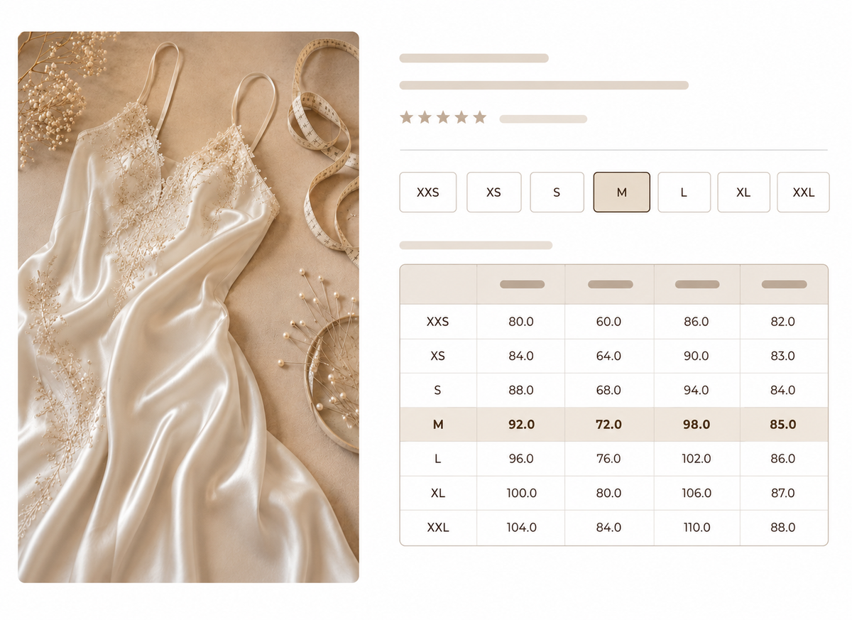 Product page mockup showing size buttons and product measurements table