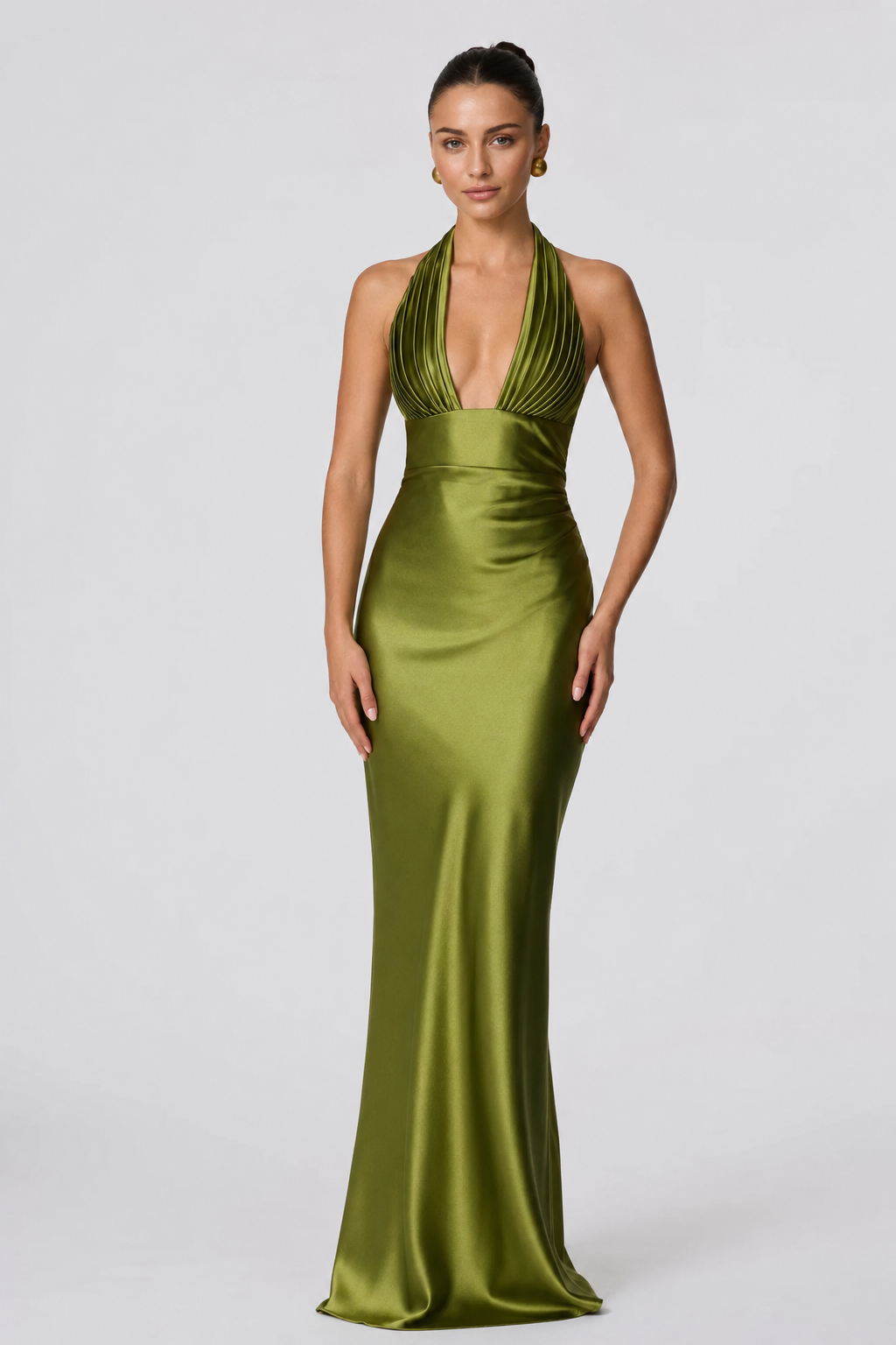 Ruched Halter Column Evening Gown with Lace-Up Back