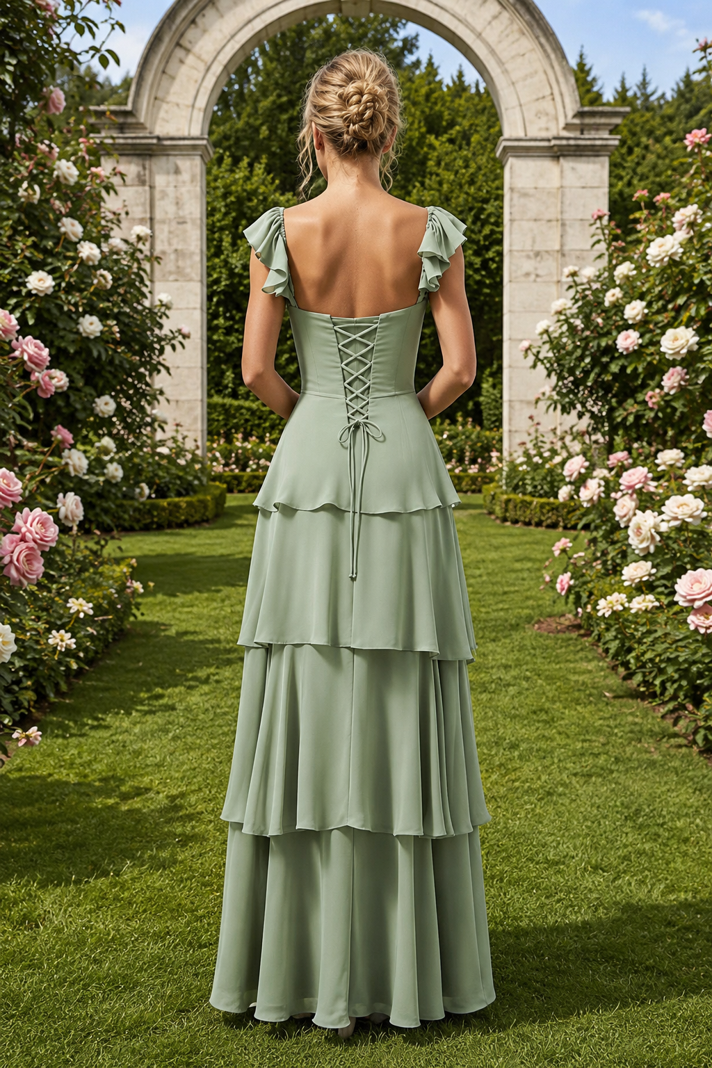 Ruffle-Sleeve Tiered Floor-Length Formal Gown