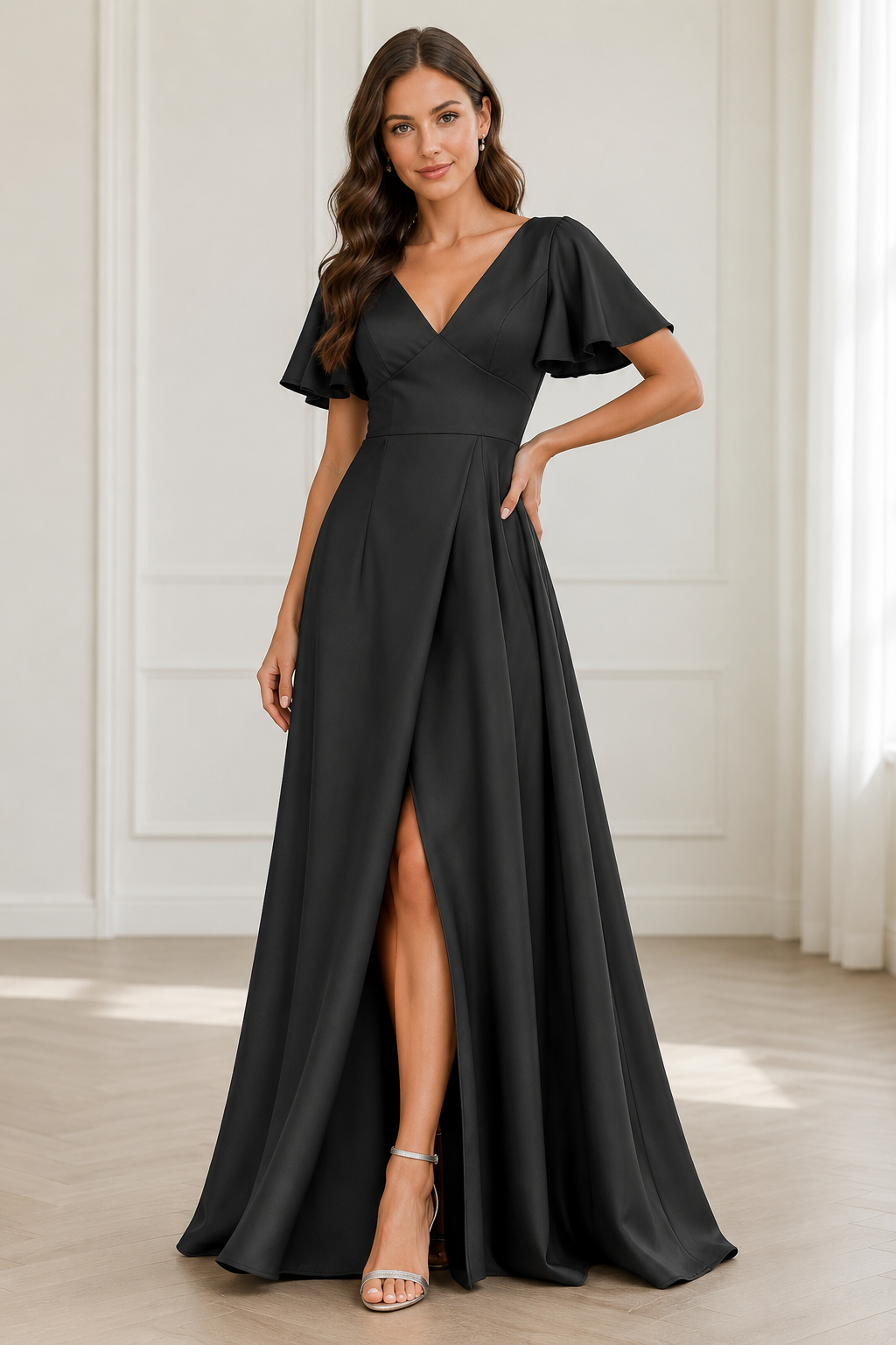 Deep V-Neck Flutter Sleeve A-Line Evening Gown with Slit